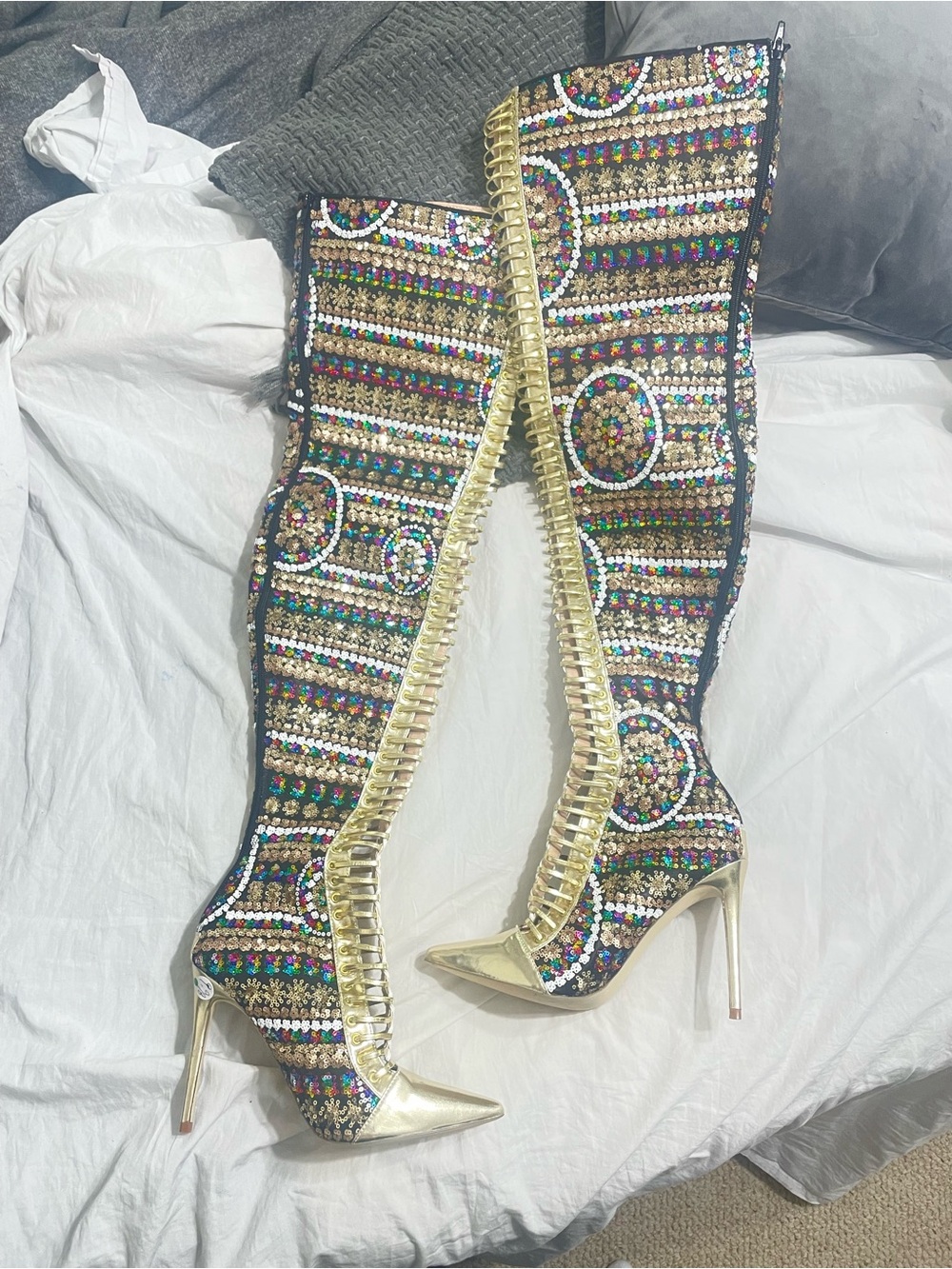 Embellished Gold High-Stiletto Thigh Boots - Multi Sequins